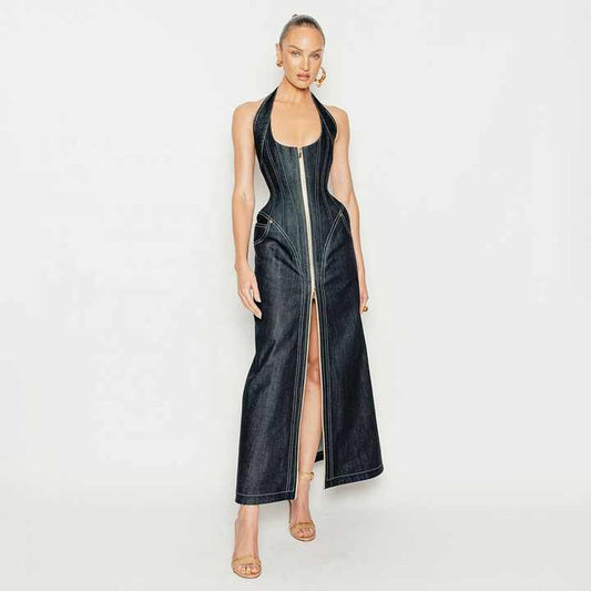 Elegante Denim Jurk Met Halternek